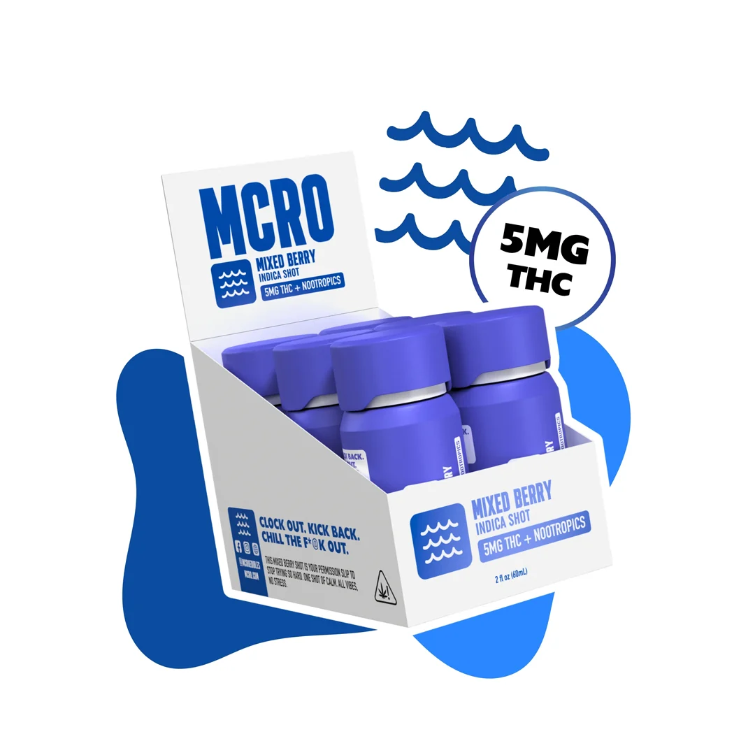 MCRO Edibles product collection featuring hemp-derived THC shots