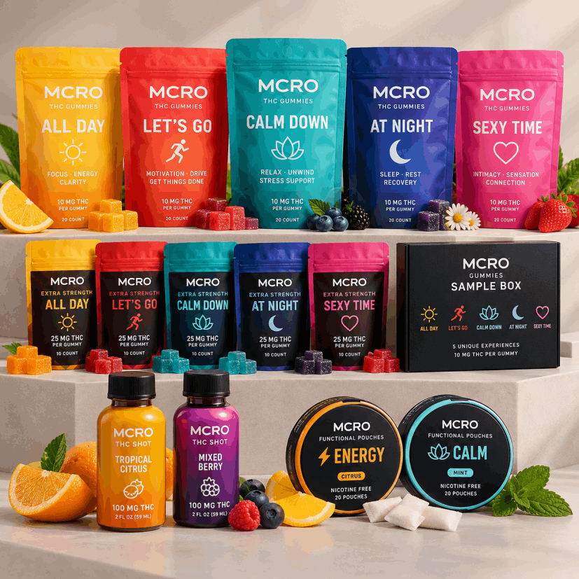 MCRO Edibles product collection featuring hemp-derived THC gummies, THC shots, and functional pouches in colorful packaging.