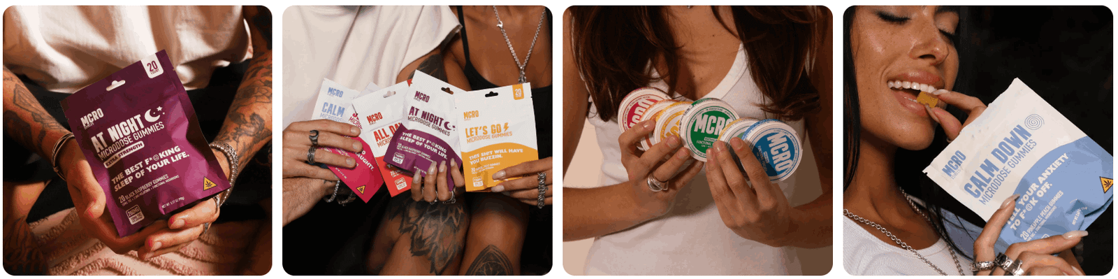 MCRO Edibles product collection featuring hemp-derived THC gummies, THC shots, and functional pouches in colorful packaging.