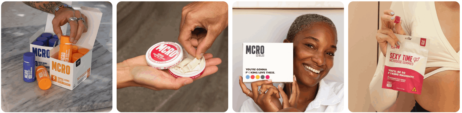 MCRO Edibles product collection featuring hemp-derived THC gummies, THC shots, and functional pouches in colorful packaging.