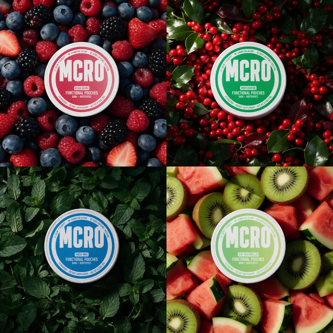 MCRO Edibles product collection featuring hemp-derived functional pouches.